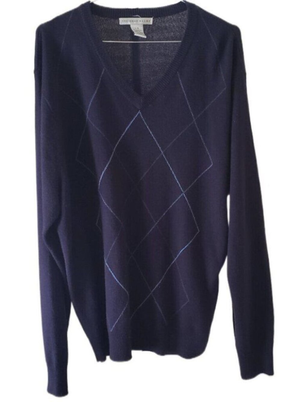 Geoffrey Beene Men's Navy Blue Argyle V-Neck Long Sleeve Sweater